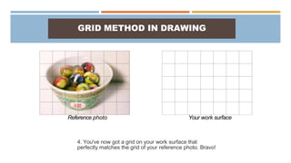 GRID METHOD IN DRAWING
4. You've now got a grid on your work surface that
perfectly matches the grid of your reference photo. Bravo!
Reference photo Your work surface
 
