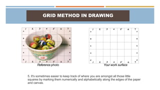 GRID METHOD IN DRAWING
Reference photo Your work surface
5. It's sometimes easier to keep track of where you are amongst all those little
squares by marking them numerically and alphabetically along the edges of the paper
and canvas.
 