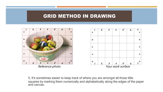 GRID METHOD IN DRAWING
Reference photo Your work surface
5. It's sometimes easier to keep track of where you are amongst all those little
squares by marking them numerically and alphabetically along the edges of the paper
and canvas.
 