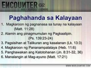 1. Magkaroon ng pagnanasa sa tunay na kalayaan
(Matt. 11:28)
2. Alamin ang pinagmumulan ng Pagkaalipin.
(Ps. 139:23-24)
3. Pagsisihan at Talikuran ang kasalanan (Lk. 13:3)
4. Magkaroon ng Pananampalataya (Heb. 11:6)
5. Panghawakan ang Katotohanan (Jn. 8:31-32, 36)
6. Manalangin at Mag-ayuno (Matt. 17:21)
Paghahanda sa Kalayaan
 