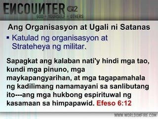  Katulad ng organisasyon at
Strateheya ng militar.
Ang Organisasyon at Ugali ni Satanas
Sapagkat ang kalaban nati'y hindi mga tao,
kundi mga pinuno, mga
maykapangyarihan, at mga tagapamahala
ng kadilimang namamayani sa sanlibutang
ito---ang mga hukbong espirituwal ng
kasamaan sa himpapawid. Efeso 6:12
 