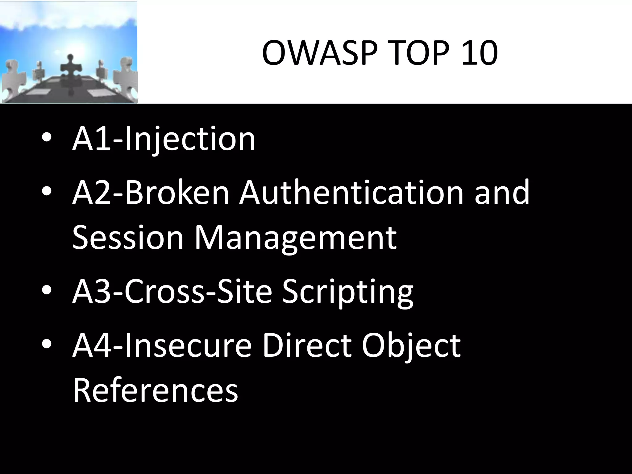 OWASP TOP 10
• A1-Injection
• A2-Broken Authentication and
Session Management
• A3-Cross-Site Scripting
• A4-Insecure Direct Object
References

 