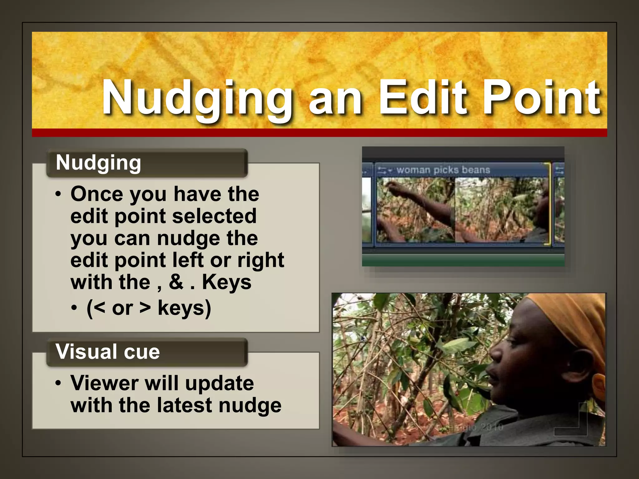 Nudging an Edit Point
• Once you have the
edit point selected
you can nudge the
edit point left or right
with the , & . Keys
• (< or > keys)
Nudging
• Viewer will update
with the latest nudge
Visual cue
 