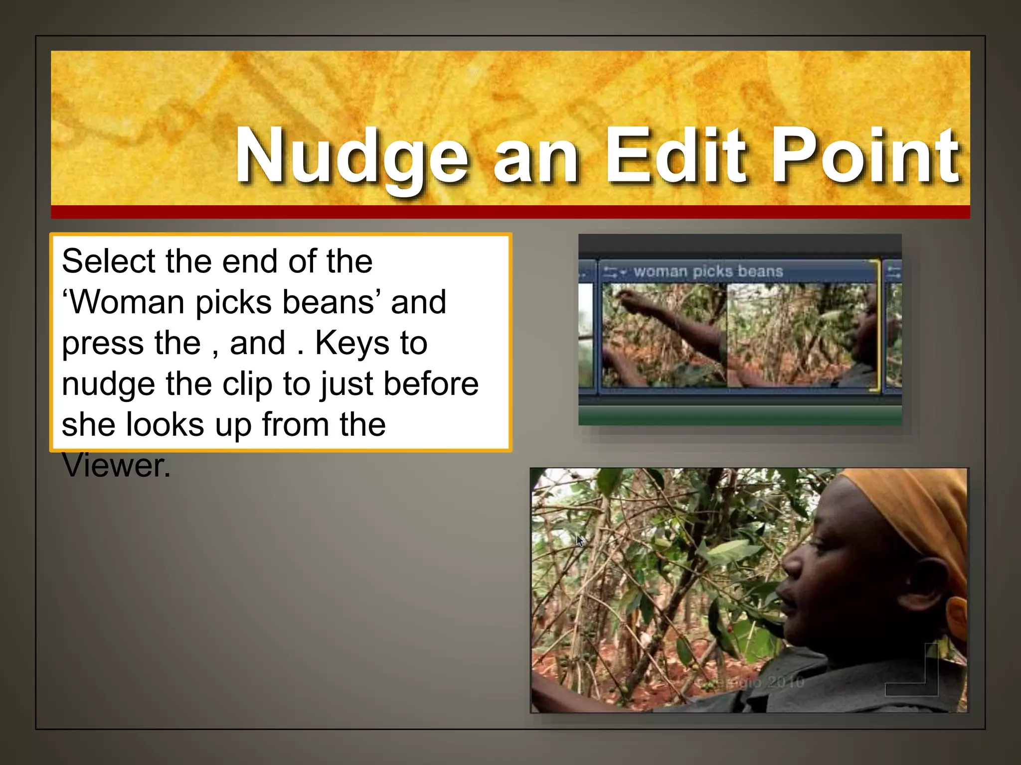 Nudge an Edit Point
Select the end of the
‘Woman picks beans’ and
press the , and . Keys to
nudge the clip to just before
she looks up from the
Viewer.
 