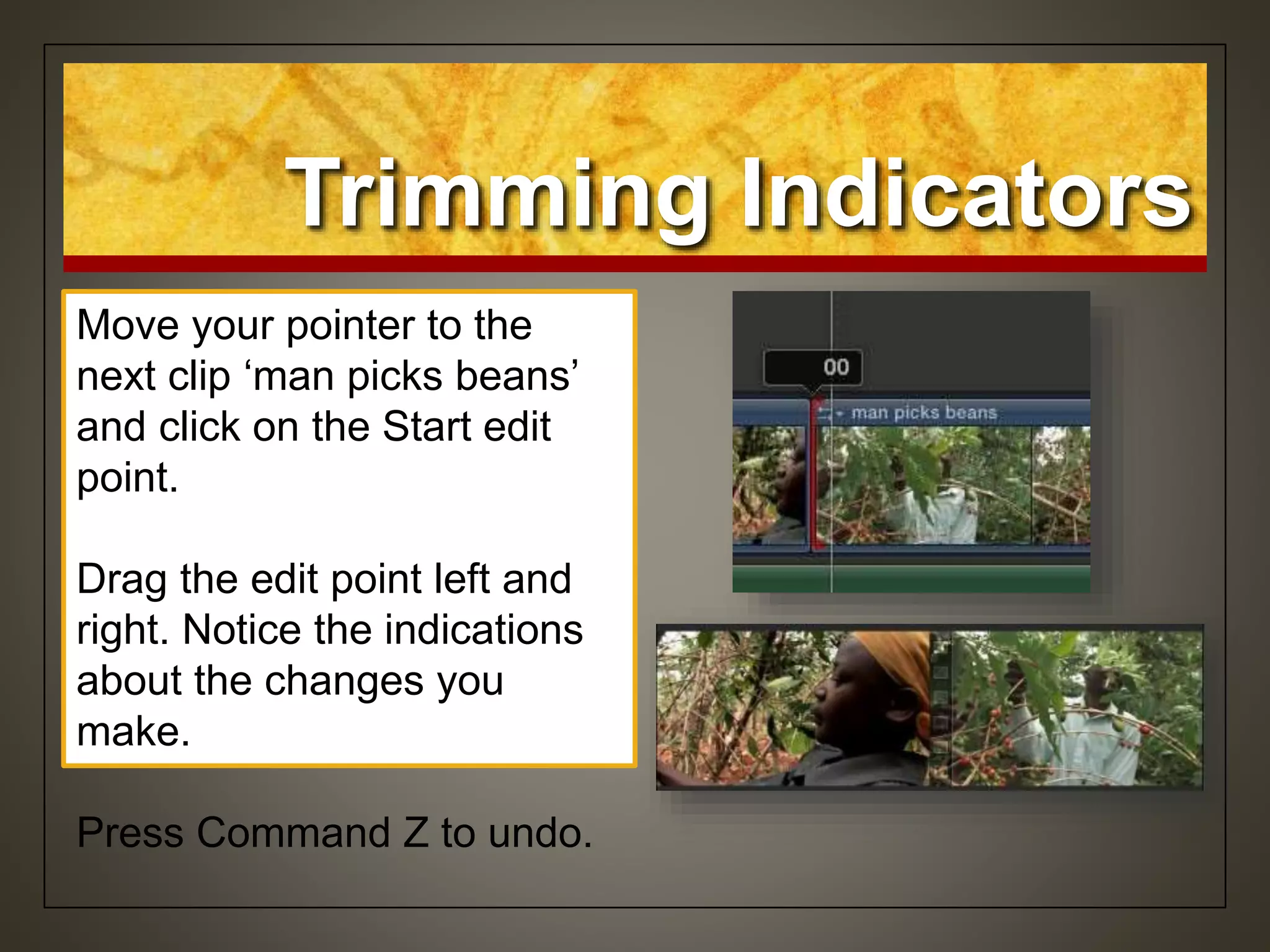 Trimming Indicators
Move your pointer to the
next clip ‘man picks beans’
and click on the Start edit
point.
Drag the edit point left and
right. Notice the indications
about the changes you
make.
Press Command Z to undo.
 