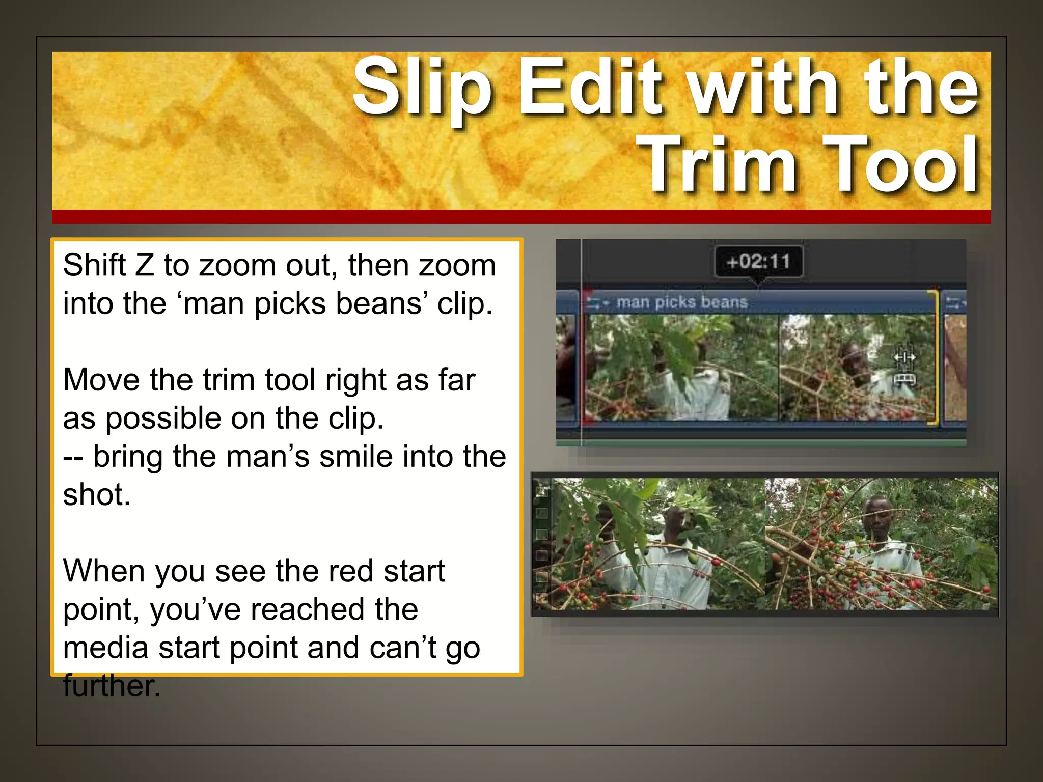 Shift Z to zoom out, then zoom
into the ‘man picks beans’ clip.
Move the trim tool right as far
as possible on the clip.
-- bring the man’s smile into the
shot.
When you see the red start
point, you’ve reached the
media start point and can’t go
further.
Slip Edit with the
Trim Tool
 