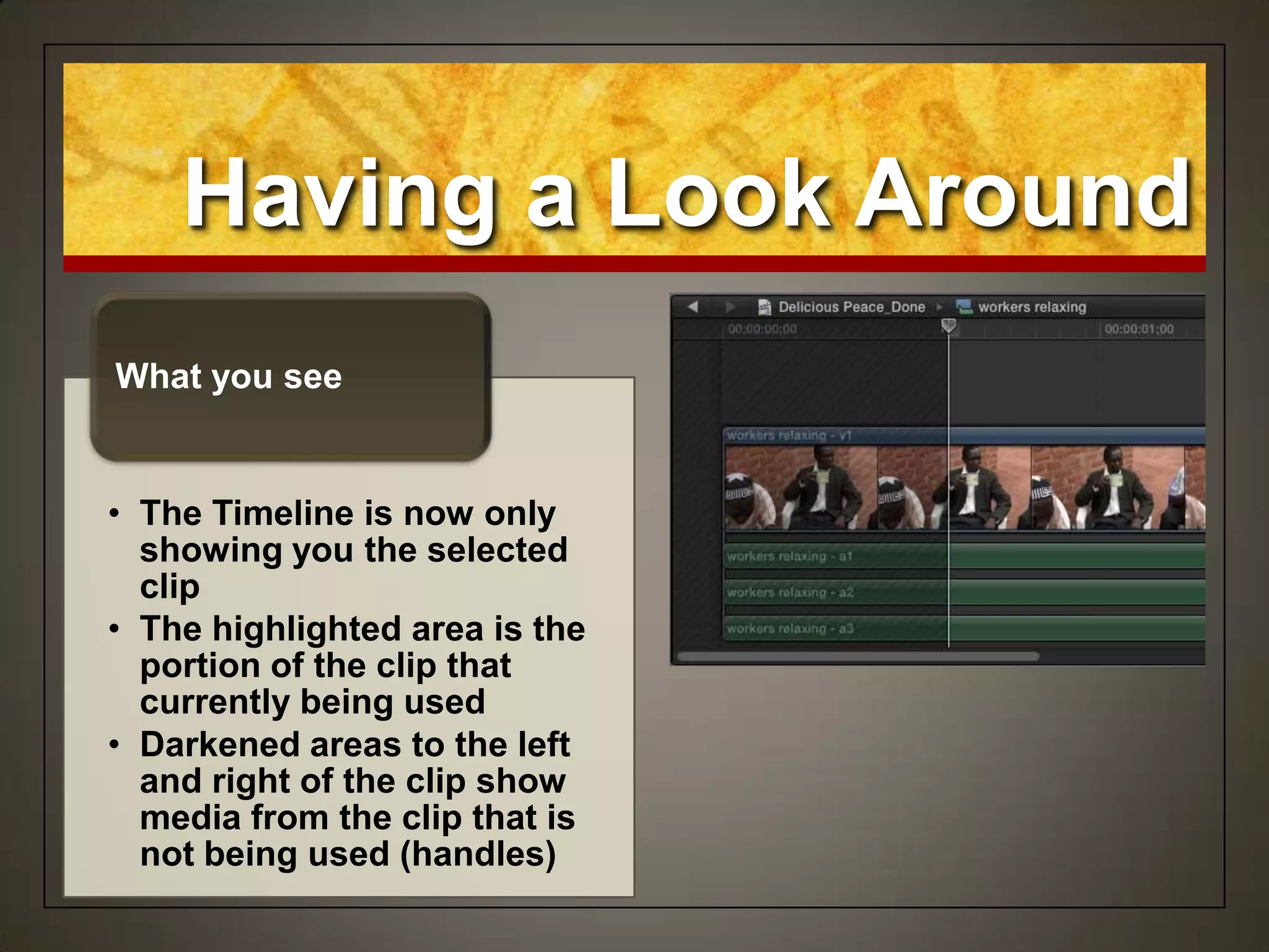 Having a Look Around
• The Timeline is now only
showing you the selected
clip
• The highlighted area is the
portion of the clip that
currently being used
• Darkened areas to the left
and right of the clip show
media from the clip that is
not being used (handles)
What you see
 
