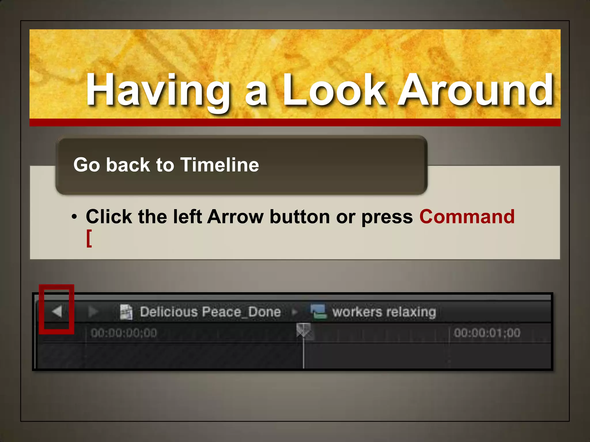 Having a Look Around
• Click the left Arrow button or press Command
[
Go back to Timeline
 