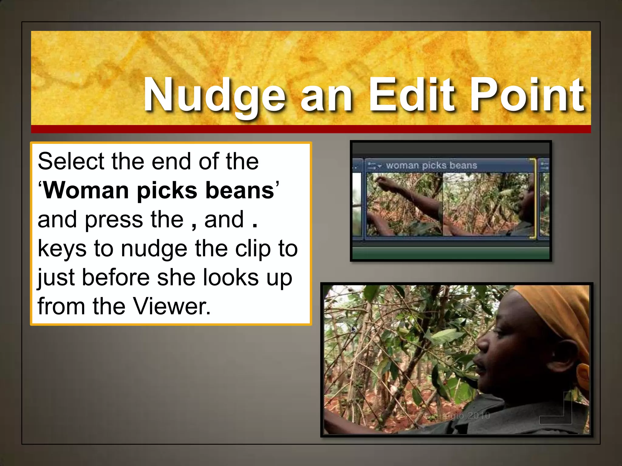 Nudge an Edit Point
Select the end of the
„Woman picks beans‟
and press the , and .
keys to nudge the clip to
just before she looks up
from the Viewer.
 