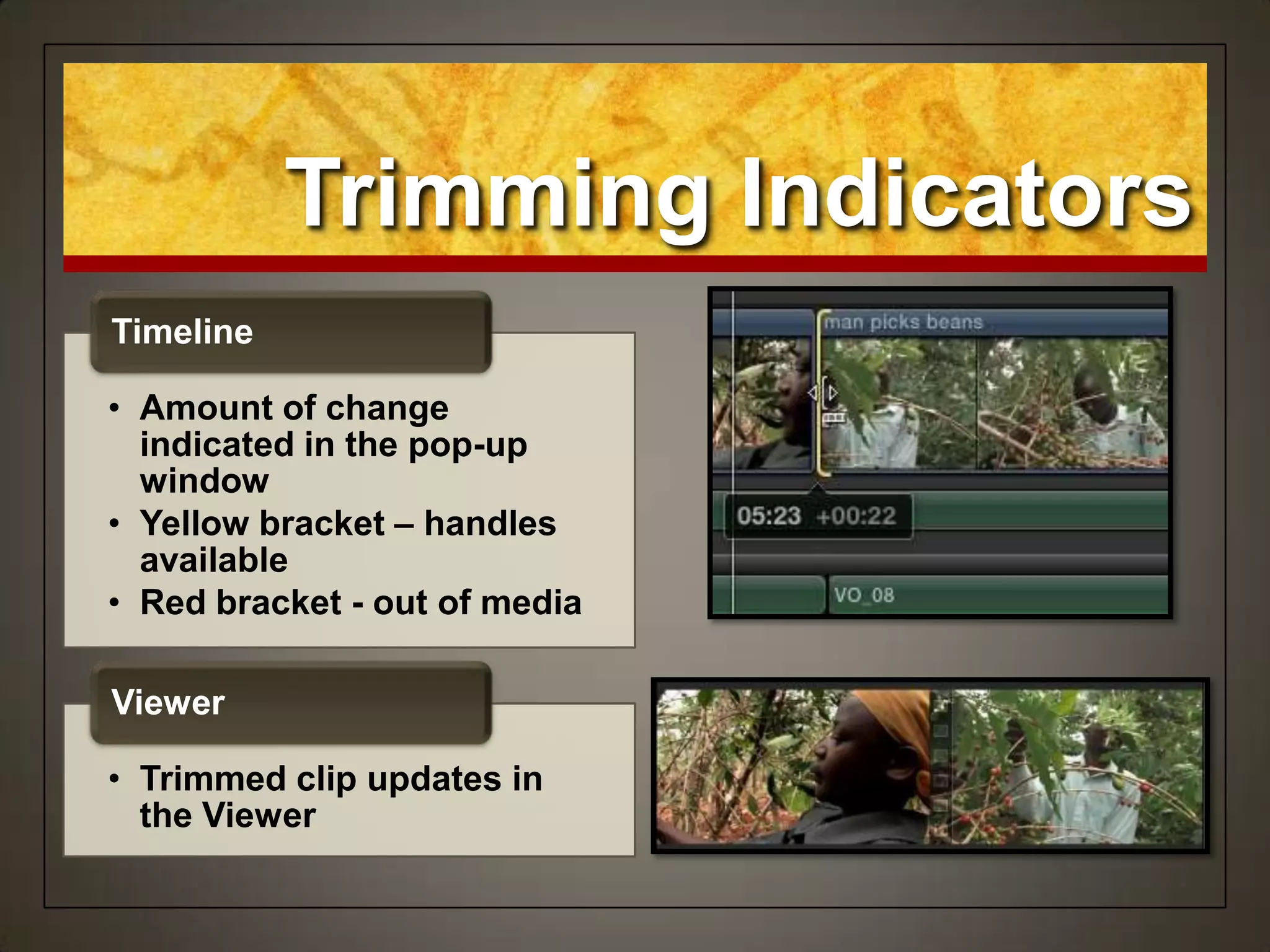 Trimming Indicators
• Amount of change
indicated in the pop-up
window
• Yellow bracket – handles
available
• Red bracket - out of media
Timeline
• Trimmed clip updates in
the Viewer
Viewer
 