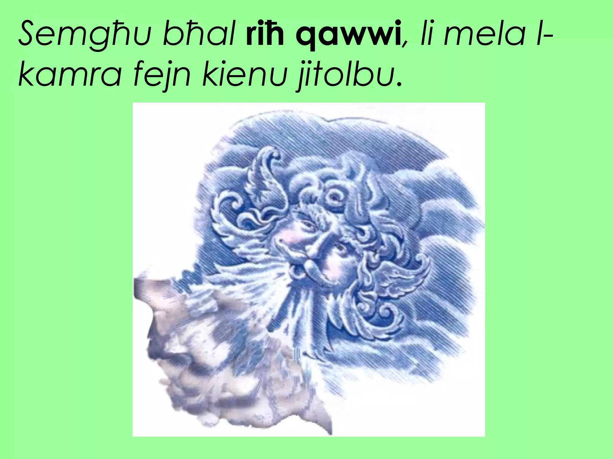 Semgħu bħal riħ qawwi, li mela l-
kamra fejn kienu jitolbu.
 