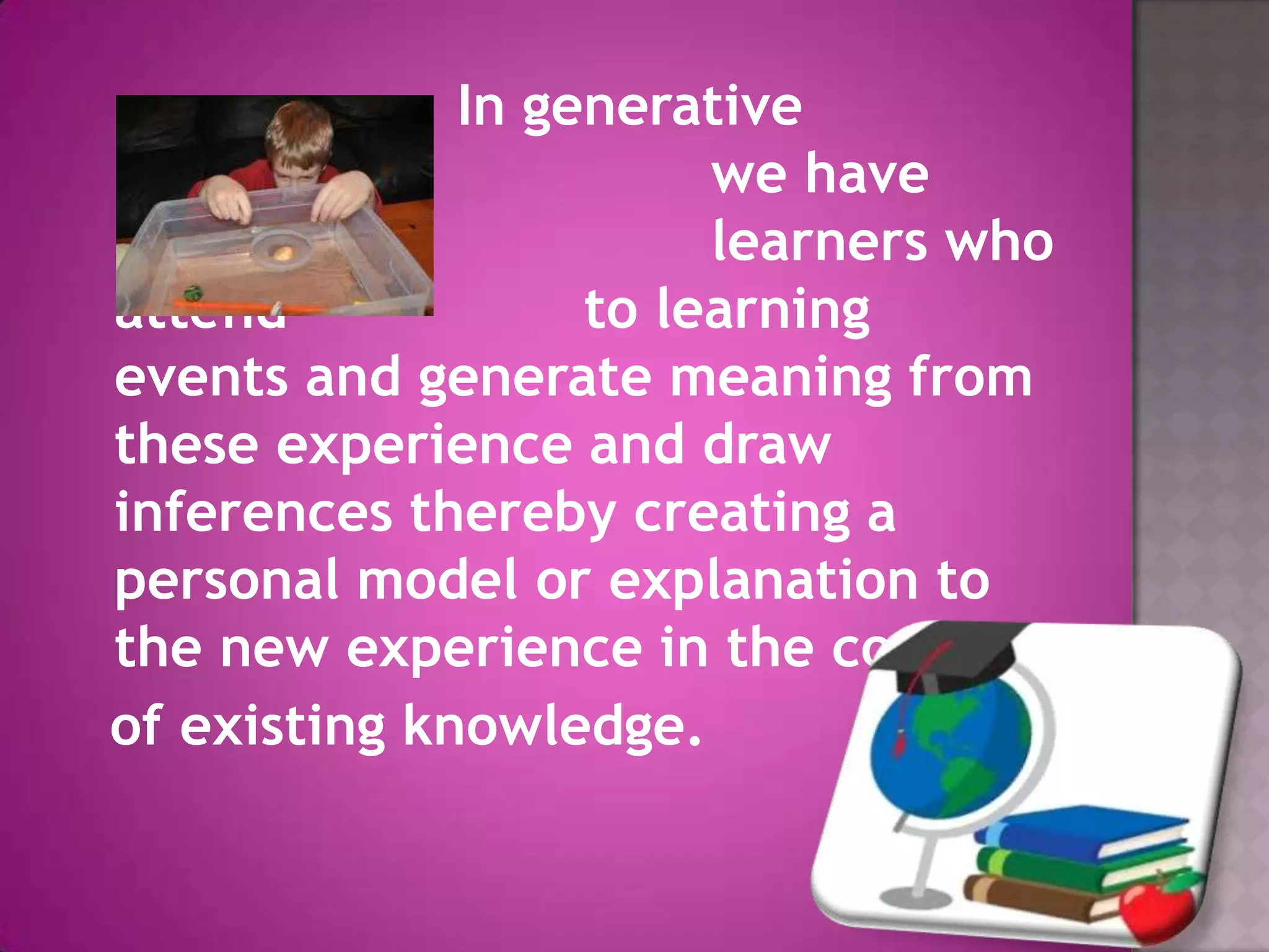 In generative
learning, we have
active learners who
attend to learning
events and generate meaning from
these experience and draw
inferences thereby creating a
personal model or explanation to
the new experience in the context
of existing knowledge.
 
