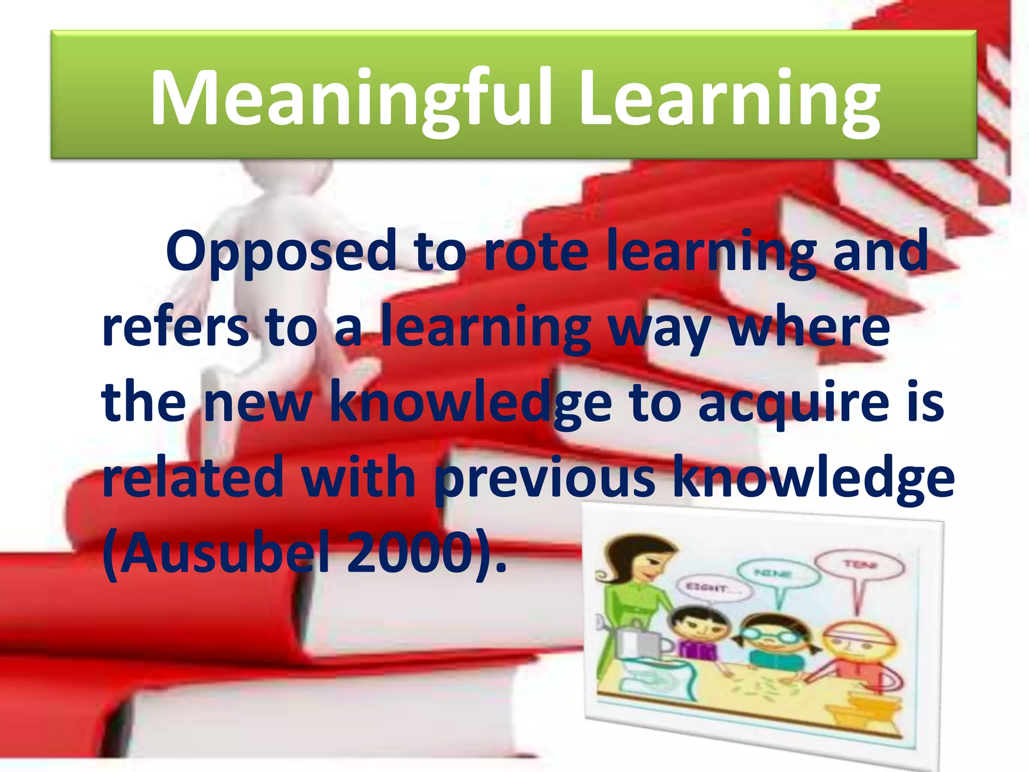Meaningful Learning
Opposed to rote learning and
refers to a learning way where
the new knowledge to acquire is
related with previous knowledge
(Ausubel 2000).
 