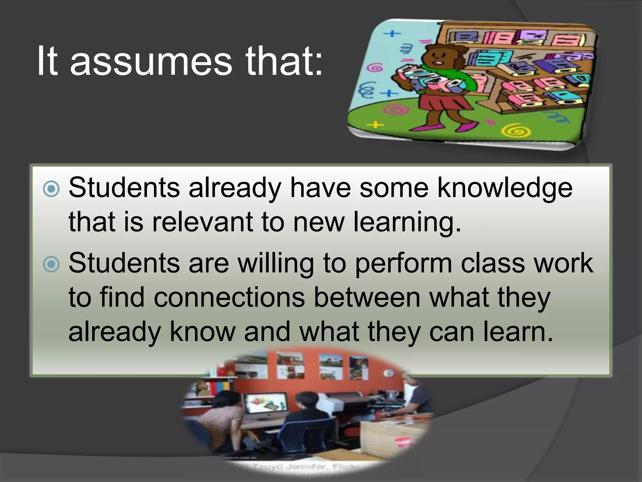 It assumes that:
 Students already have some knowledge
that is relevant to new learning.
 Students are willing to perform class work
to find connections between what they
already know and what they can learn.
 