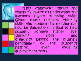 This framework shows the
teacher’s effort to understand the
learner’s higher thinking skills.
Given those complex thinking
skills, the modern day teacher can
now be guided on his goal to help
student achieve higher level
thinking skills and
creativity beyond the ordinary
benchmark of the student’s
passing, even excelling
achievement tests.
 
