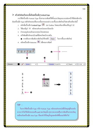 133
 สร้างตัวอักษรในแนวตั้งด้วยเครื่องมือ Vertical Type
การใช้เครื่องมือ Vertical Type นั้นสามารถพิมพ์ได้ทั้งแบบวัตถุและแบบย่อหน้าได้เช่นเดียวกัน
กับเครื่องมือ Type แต่ตัวอักษรจะเป็นแนวตั้งจากบนลงล่าง และขึ้นบรรทัดใหม่ไปทางด้านซ้าย ดังนี้
1. คลิกที่เครื่องมือ Vertical Type บน Toolbox โดยเมาส์จะเปลี่ยนเป็นรูป
2. ใช้เมาส์รูป คลิกตรงตาแหน่งบนอาร์ตบอร์ด
3. กาหนดรูปแบบอักษรจากคอนโทรลพาเนล
4. แล้วพิมพ์ตัวอักษรบริเวณที่มีเคอร์เซอร์กระพริบ
หากต้องการพิมพ์บรรทัดใหม่ให้กดคีย์ Enter ในการขึ้นบรรทัดใหม่
4. คลิกเครื่องมือ Selection เพื่อจบการพิมพ์
TIP :
ในการใช้เครื่องมือ Type หรือ Vertical Type คลิกบนตาแหน่งที่มีวัตถุอยู่ด้านหลัง
ควรระวังไม่ให้คลิกลงบนเส้น path ของวัตถุนั้น เพราะจะกลายเป็นการพิมพ์ในกรอบวัตถุ
เหมือนกับเครื่องมือ Area Type ซึ่งจะทาให้วัตถุนั้นถูกยกเลิกสีพื้นและสีเส้นไป





 
