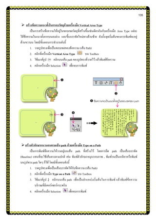 135
 สร้างข้อความแนวตั้งในกรอบวัตถุด้วยเครื่องมือ Vertical Area Type
เป็นการสร้างข้อความให้อยู่ในขอบเขตวัตถุที่สร้างขึ้นเช่นเดียวกันกับเครื่องมือ Area Type แต่จะ
ได้ข้อความในแนวตั้งจากบนลงล่าง และขึ้นบรรทัดใหม่ทางด้านซ้าย ดังนั้นจุดเริ่มต้นของการพิมพ์จะอยู่
ด้านขวาบน โดยมีขั้นตอนการทางานดังนี้
1. วาดรูปทรงเพื่อเป็นขอบเขตของข้อความ (เส้น Path)
2. คลิกที่เครื่องมือ Vertical Area Type บน Toolbox
3. ใช้เมาส์รูป คลิกบนเส้น path ของรูปทรงที่วาดไว้ แล้วพิมพ์ข้อความ
4. คลิกเครื่องมือ Selection เพื่อจบการพิมพ์
สร้างตัวอักษรแนวนอนตามเส้น path ด้วยเครื่องมือ Type on a Path
เป็นการพิมพ์ข้อความให้วางอยู่บนเส้น path ที่สร้างไว้ โดยการยึด path เป็นเส้นบรรทัด
(Baseline) แทนที่จะใช้เส้นตรงตามปกติ เช่น พิมพ์ตัวอักษรหมุนรอบภาพ , พิมพ์วนเป็นเกลียวหรือพิมพ์
บนรูปทรง path ใดๆ ก็ได้ โดยมีขั้นตอนดังนี้
1. วาดรูปทรงเพื่อเป็นเส้นบรรทัดให้กับข้อความ (เส้น Path)
2. คลิกที่เครื่องมือ Type on a Path บน Toolbox
3. ใช้เมาส์รูป คลิกบนเส้น path เพื่อเป็นตาแหน่งเริ่มต้นในการพิมพ์ แล้วพิมพ์ข้อความ
บริเวณที่มีเคอร์เซอร์กระพริบ
4. คลิกเครื่องมือ Selection เพื่อจบการพิมพ์




 ข้อความจะเป็นแนวตั้งอยู่ในขอบเขตของ path
 