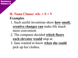 Examples
1. Such useful inventions show how small,
creative changes can make life much
more convenient.
2. The computer decided which floors
each elevator would stop at.
3. Jane wanted to know when she could
pick up her clothes.
課本
句型
Sentence
Pattern II.
II. Noun Clause: wh- + S + V
 