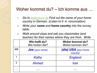 Woher kommst du? – Ich komme aus …
1. Go to www.pons.de Find out the name of your home
country in German. (Listen to the pronunciation)
2. Write your name and home country into the survey
table.
3. Walk around class and ask you classmates (and
teacher) for their names where they are from. Write
the answers down.Wie heißt du?
Wie heißen Sie?
Woher kommst du?
Woher kommen Sie?
ich Joe (your name) (die) USA (your home
country)
1 Kathy England
2 Ahmed Iran
… … …
 