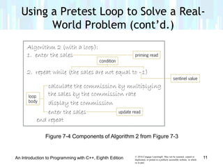 Figure 7-4 Components of Algorithm 2 from Figure 7-3
Using a Pretest Loop to Solve a Real-
World Problem (cont’d.)
© 2016 Cengage Learning®. May not be scanned, copied or
duplicated, or posted to a publicly accessible website, in whole
or in part.
11An Introduction to Programming with C++, Eighth Edition
 
