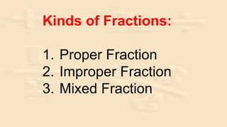 Kinds of Fractions:
1. Proper Fraction
2. Improper Fraction
3. Mixed Fraction
 