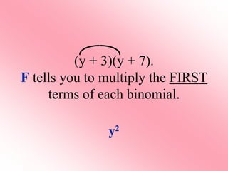 (y + 3)(y + 7).
F tells you to multiply the FIRST
terms of each binomial.
y2
 