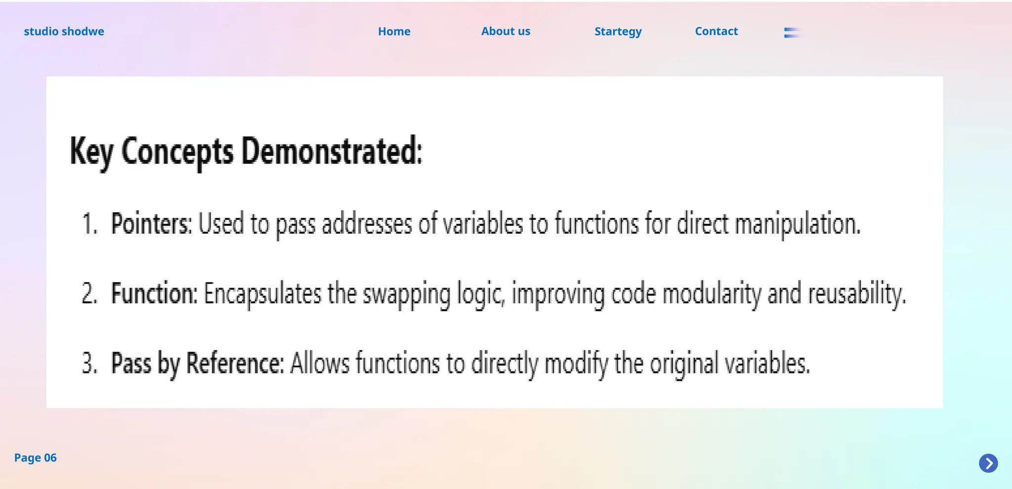 About us
studio shodwe Home Startegy Contact
Page 06
 