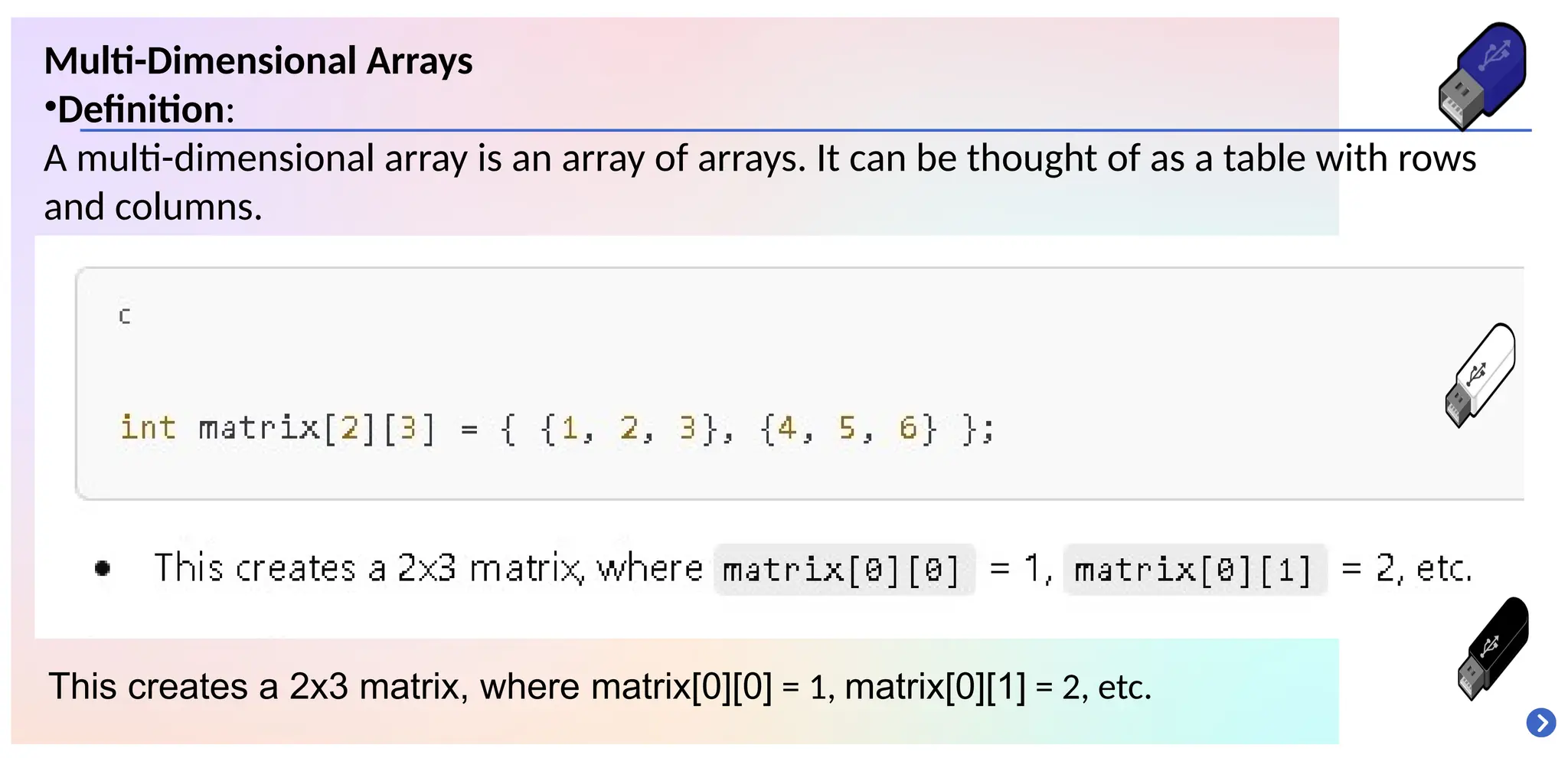 Multi-Dimensional Arrays
•Definition:
A multi-dimensional array is an array of arrays. It can be thought of as a table with rows
and columns.
This creates a 2x3 matrix, where matrix[0][0] = 1, matrix[0][1] = 2, etc.
 