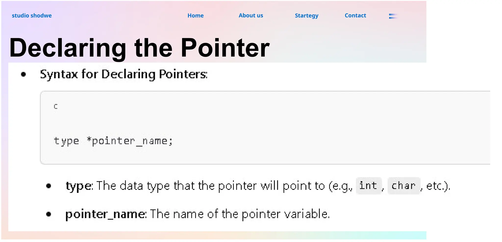 About us
studio shodwe Home Startegy Contact
Page 06
Declaring the Pointer
 