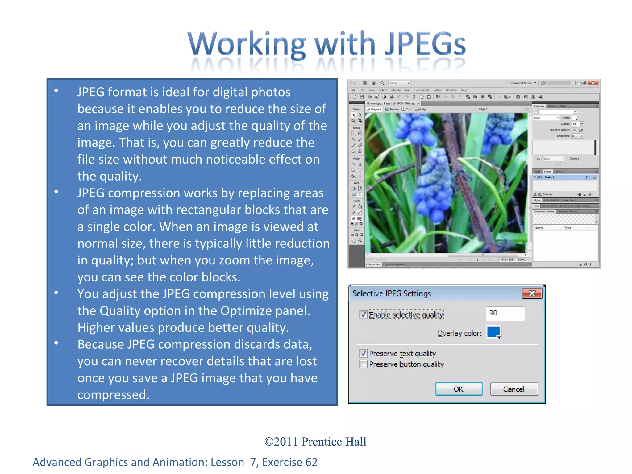 Advanced Graphics and Animation: Lesson  7, Exercise 62 JPEG format is ideal for digital photos because it enables you to reduce the size of an image while you adjust the quality of the image. That is, you can greatly reduce the file size without much noticeable effect on the quality. JPEG compression works by replacing areas of an image with rectangular blocks that are a single color. When an image is viewed at normal size, there is typically little reduction in quality; but when you zoom the image, you can see the color blocks. You adjust the JPEG compression level using the Quality option in the Optimize panel. Higher values produce better quality. Because JPEG compression discards data, you can never recover details that are lost once you save a JPEG image that you have compressed. 