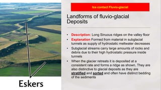 Landforms of fluvio-glacial
Deposits
• Description: Long Sinuous ridges on the valley floor
• Explanation Formed from material in subglacial
tunnels as supply of hydrostatic meltwater decreases
• Subglacial streams carry large amounts of rocks and
debris due to their high hydrostatic pressure inside
tunnels
• When the glacier retreats it is deposited at a
consistent rate and forms a ridge as shown. They are
also distinctive to glacial deposits as they are
stratified and sorted and often have distinct bedding
of the sediments
Ice contact Fluvio-glacial
 
