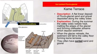 Kame Terrace
• Description: A flat linear deposit
of Fluvio-glacial sand and gravel
deposited along the valley sides
• Explanation: During the summer
the valley sides radiate heat,
melting the edges of the glacier
and forming meltwater streams
which deposit sediment
• When the glacier retreats, the
sediment will fall to the valley floor
forming kame terraces
• They often have sorted sand and
gravel
Ice contact Fluvio-glacial
 
