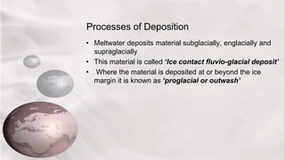 Processes of Deposition
• Meltwater deposits material subglacially, englacially and
supraglacially
• This material is called ‘Ice contact fluvio-glacial deposit’
• Where the material is deposited at or beyond the ice
margin it is known as ‘proglacial or outwash’
 