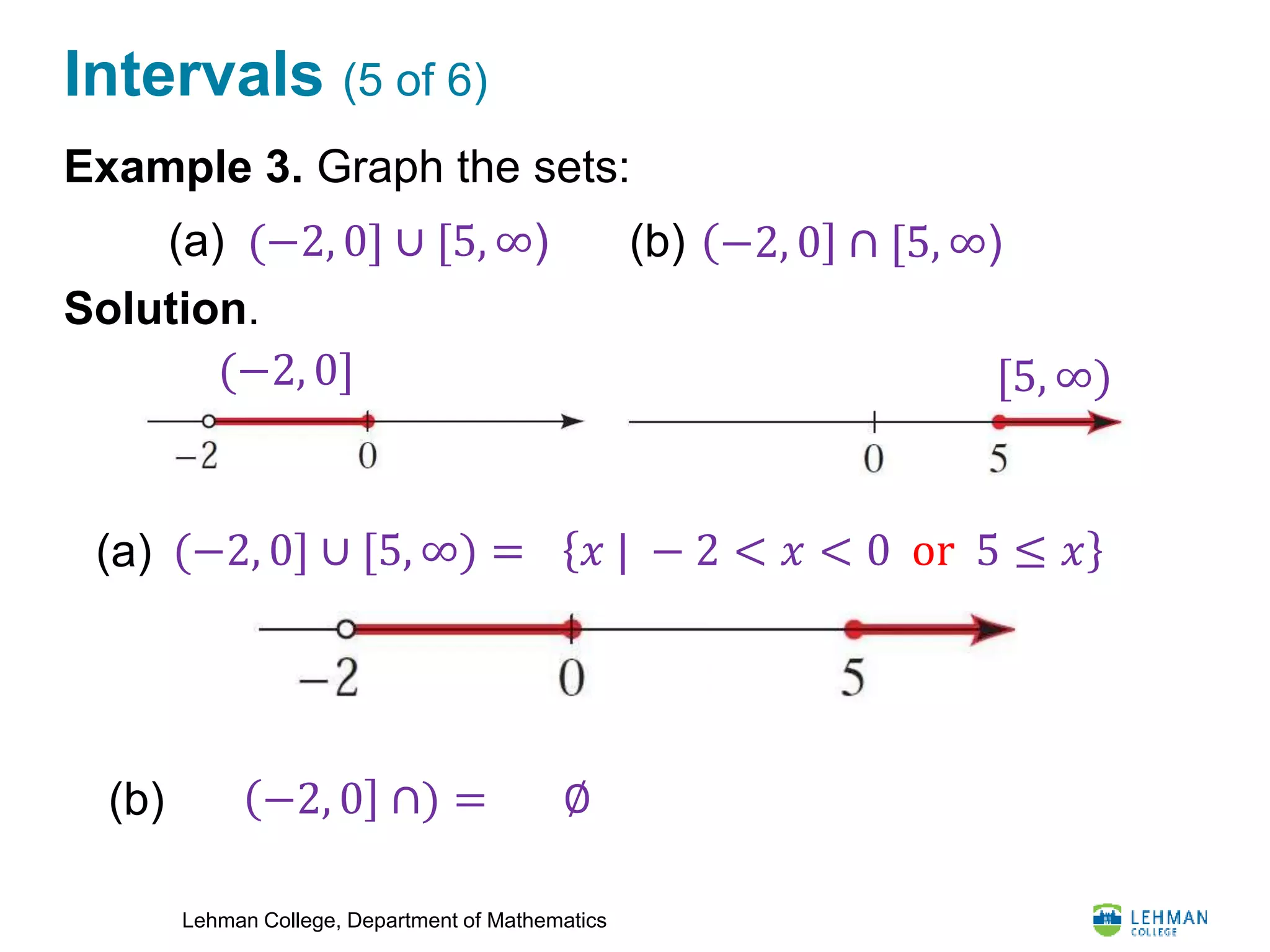 Lehman College, Department of Mathematics
Intervals (5 of 6)
Example 3. Graph the sets:
Solution.
𝑥 | − 2 < 𝑥 < 0 or 5 ≤ 𝑥
(−2, 0] ∪ [5, ∞)
(−2, 0] ∪ [5, ∞) =
(−2, 0] [5, ∞)
(a) −2, 0 ∩ [5, ∞)(b)
(a)
−2, 0 ∩) =(b) ∅
 