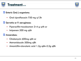  Enteric Gm(-) organisms:
– Oral ciprofloxacin 750 mg q12h
 Serratia or P. aeruginosa:
– Piperacillin–tazobactam 2–4 g q4h or
– Imipenem 500 mg q6h
 Anaerobes:
– Clindamycin 600mg q6h or
– Metronidazole 500mg q8h
– Amoxicillin–clavulanic acid 1.2g q6h–2.2g q8h
28
 