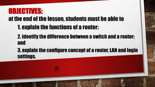 OBJECTIVES:
at the end of the lesson, students must be able to
3. explain the configure concept of a router, LAN and login
settings.
2. identify the difference between a switch and a router;
and
1. explain the functions of a router;
 