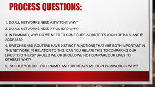 PROCESS QUESTIONS:
1. DO ALL NETWORKS NEED A SWITCH? WHY?
2. DO ALL NETWORKS NEED A ROUTER? WHY?
3. IN SUMMARY, WHY DO WE NEED TO CONFIGURE A ROUTER’S LOGIN DETAILS, AND IP
ADDRESS?
4. SWITCHES AND ROUTERS HAVE DISTINCT FUNCTIONS THAT ARE BOTH IMPORTANT IN
THE NETWORK. IN RELATION TO THIS, CAN YOU RELATE THIS TO COMPARING OUR
LIVES TO OTHERS? SHOULD WE OR SHOULD WE NOT COMPARE OUR LIVES TO
OTHERS? WHY?
5. SHOULD YOU USE YOUR NAMES AND BIRTHDAYS AS LOGIN PASSWORDS? WHY?
 