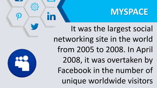 MYSPACE
It was the largest social
networking site in the world
from 2005 to 2008. In April
2008, it was overtaken by
Facebook in the number of
unique worldwide visitors
 