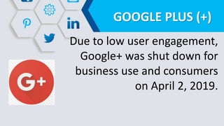 GOOGLE PLUS (+)
Due to low user engagement,
Google+ was shut down for
business use and consumers
on April 2, 2019.
 