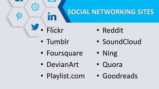 SOCIAL NETWORKING SITES
• Flickr
• Tumblr
• Foursquare
• DevianArt
• Playlist.com
• Reddit
• SoundCloud
• Ning
• Quora
• Goodreads
 