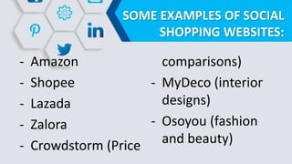 SOME EXAMPLES OF SOCIAL
SHOPPING WEBSITES:
- Amazon
- Shopee
- Lazada
- Zalora
- Crowdstorm (Price
comparisons)
- MyDeco (interior
designs)
- Osoyou (fashion
and beauty)
 