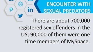 ENCOUNTER WITH
SEXUAL PREDATORS
There are about 700,000
registered sex offenders in the
US; 90,000 of them were one
time members of MySpace.
 