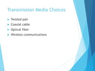 3
Transmission Media Choices
 Twisted pair
 Coaxial cable
 Optical fiber
 Wireless communications
 