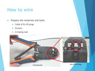 How to wire
 Prepare the materials and tools.
 Cable & RJ-45 plugs
 Scissors
 Crimping tool
39
For RJ-45 plug.
Crimping tool
 