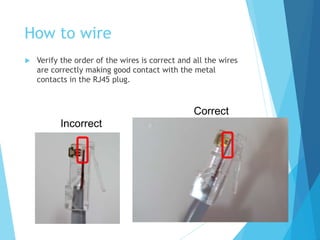 How to wire
 Verify the order of the wires is correct and all the wires
are correctly making good contact with the metal
contacts in the RJ45 plug.
52
Incorrect
Correct
 