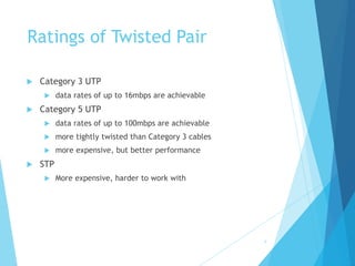 Ratings of Twisted Pair
 Category 3 UTP
 data rates of up to 16mbps are achievable
 Category 5 UTP
 data rates of up to 100mbps are achievable
 more tightly twisted than Category 3 cables
 more expensive, but better performance
 STP
 More expensive, harder to work with
8
 
