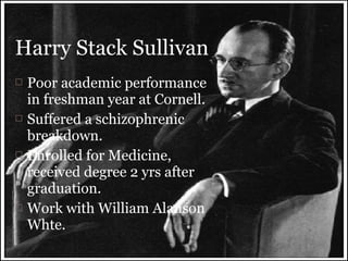 Harry Stack Sullivan








Poor academic performance
in freshman year at Cornell.
Suffered a schizophrenic
breakdown.
Enrolled for Medicine,
received degree 2 yrs after
graduation.
Work with William Alanson
Whte.

 