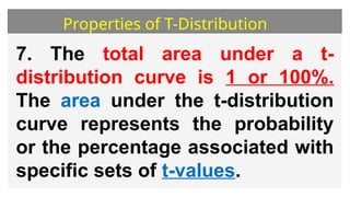 Properties of T-Distribution
7. The total area under a t-
distribution curve is 1 or 100%.
The area under the t-distribution
curve represents the probability
or the percentage associated with
specific sets of t-values.
 