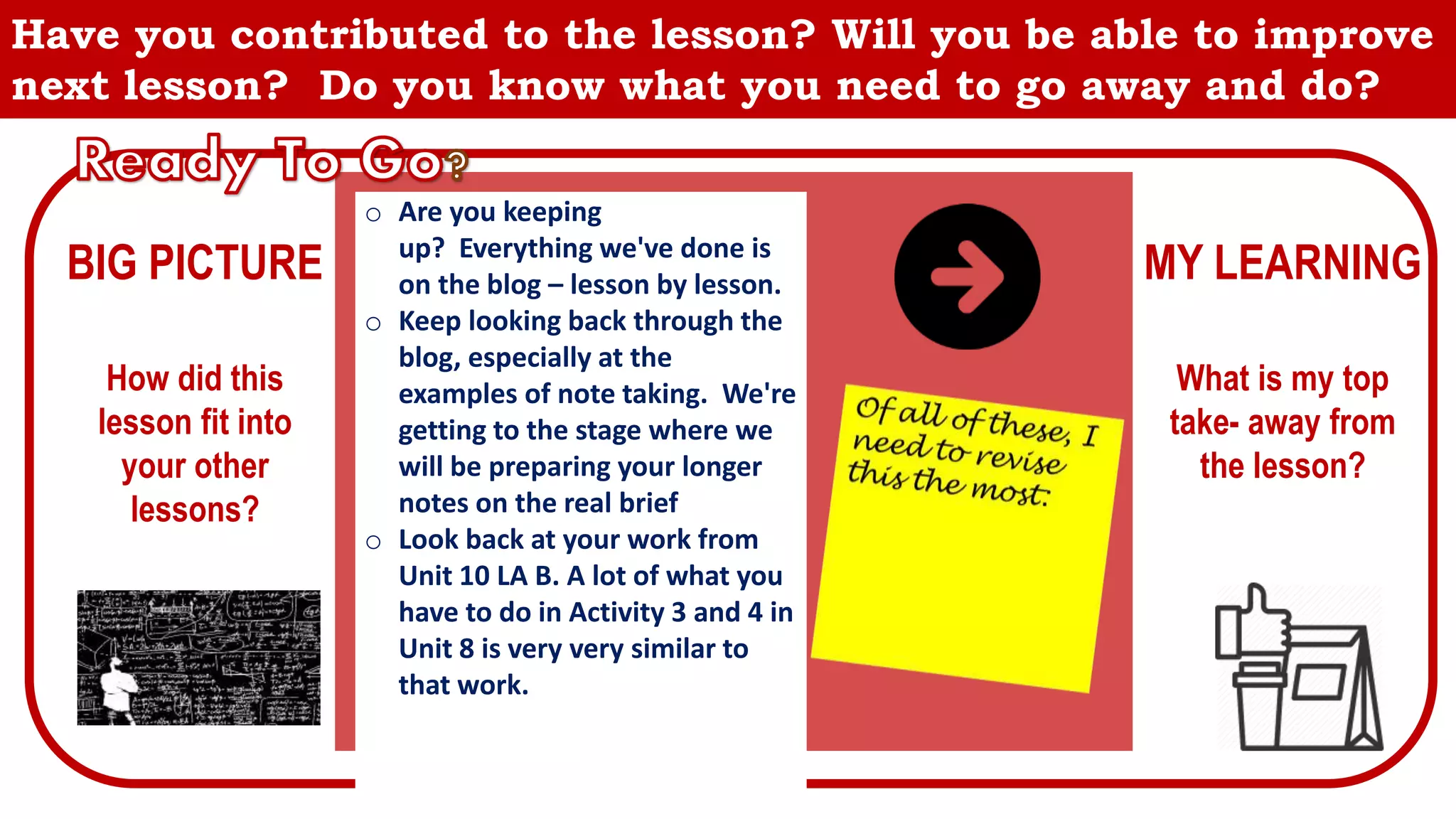 BIG PICTURE MY LEARNING
How did this
lesson fit into
your other
lessons?
What is my top
take- away from
the lesson?
Have you contributed to the lesson? Will you be able to improve
next lesson? Do you know what you need to go away and do?
o Are you keeping
up? Everything we've done is
on the blog – lesson by lesson.
o Keep looking back through the
blog, especially at the
examples of note taking. We're
getting to the stage where we
will be preparing your longer
notes on the real brief
o Look back at your work from
Unit 10 LA B. A lot of what you
have to do in Activity 3 and 4 in
Unit 8 is very very similar to
that work.
 
