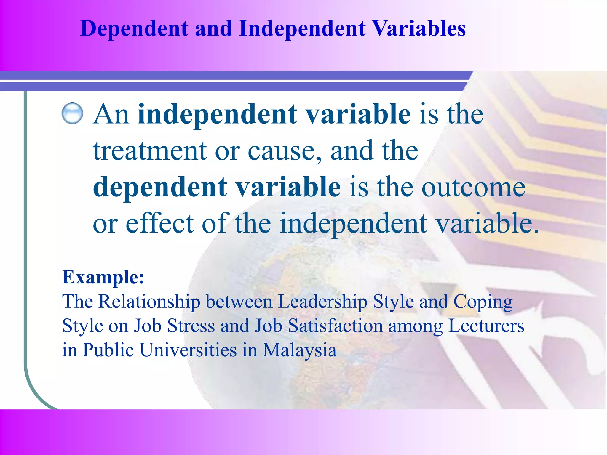 Dependent and Independent Variables 
An independent variable is the 
treatment or cause, and the 
dependent variable is the outcome 
or effect of the independent variable. 
Example: 
The Relationship between Leadership Style and Coping 
Style on Job Stress and Job Satisfaction among Lecturers 
in Public Universities in Malaysia 
 